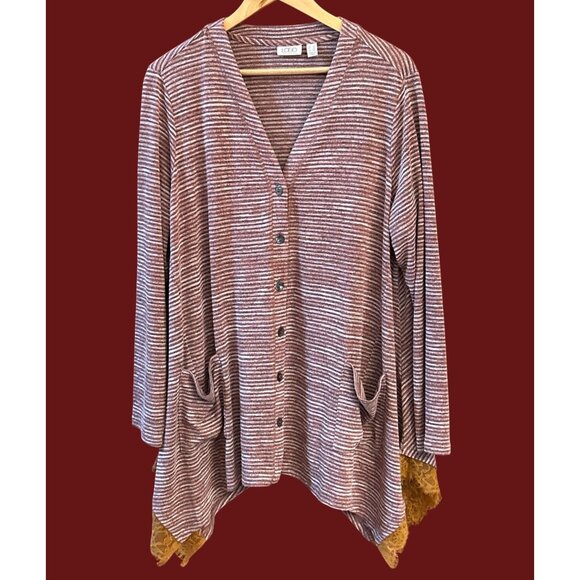 LOGO Lori Goldstein Striped Cardigan Lace Hem Pockets Boho Chic Size 1X - Picture 1 of 5
